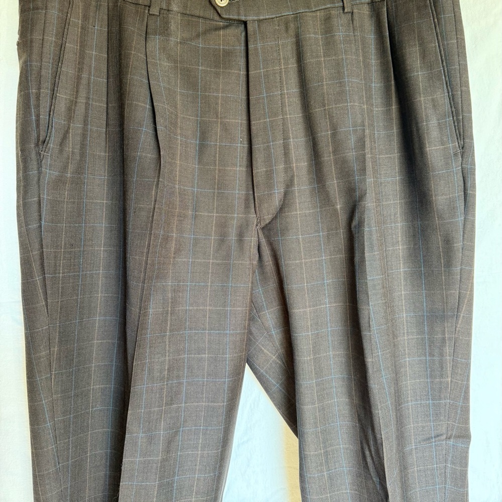 Paul Fredrick 40 Wool Cashmere Brown Windowpane Cuffed Trousers Vintage Rare